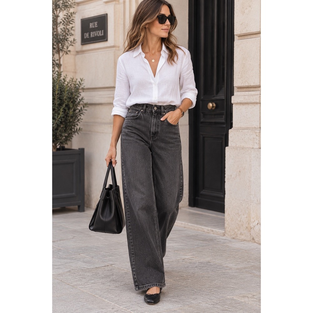 Sezane Denim High Waisted Wide Leg Jeans Charcoal Black US 2 Minimalist Grunge